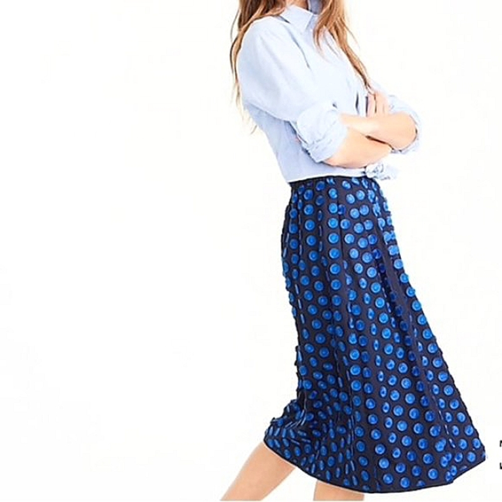 J. CREW BLUE FRINGE POLKA DOT MIDI SKIRT WHIMSICAL CASUAL OFFICE WEAR LIGHT